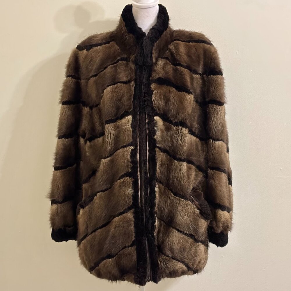 Genuine Sheared Beaver Fur Black Brown Striped Zip Front Fur Coat Made in Canada